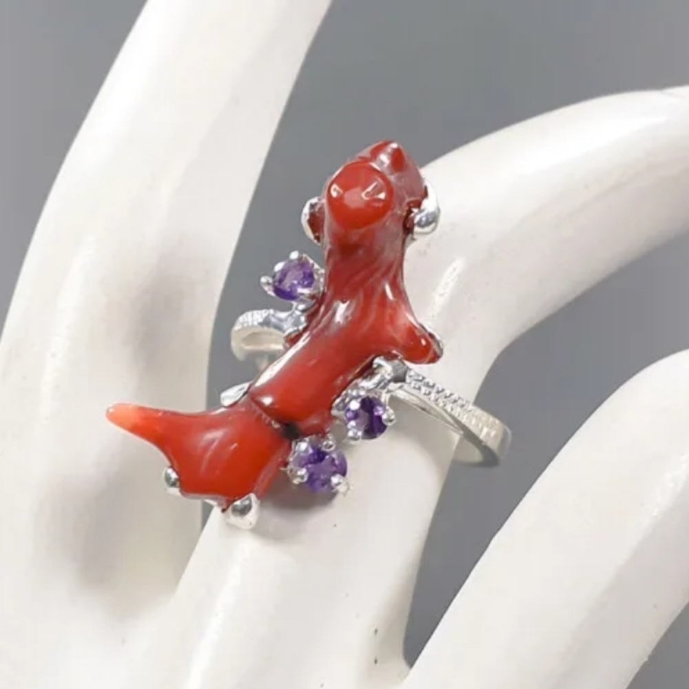 🪸 925 SS NATURAL CORAL AMETHYST RING SIZE 7.75